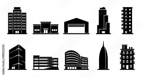 Modern building icons set, 10 black silhouette architecture elements, commercial real estate and office skyscraper vector illustrations for city maps