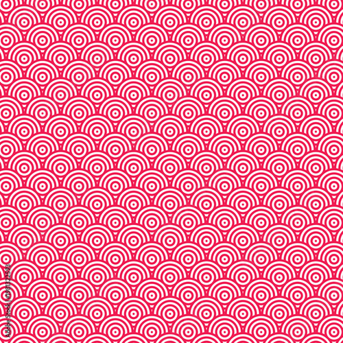 Seamless geometric pattern of concentric circles in a vibrant pink and white wave-like arrangement, evoking a sense of traditional Japanese design or modern abstract art.