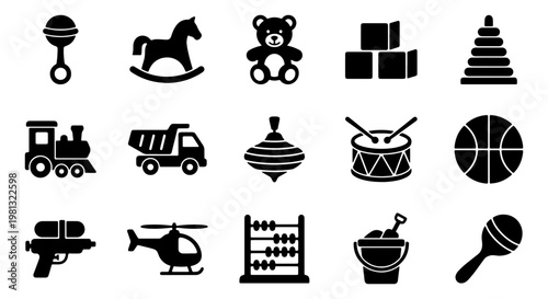 Minimalist baby toy icons set, 15 black silhouette nursery elements, childhood play objects vector collection for kids store branding and web design