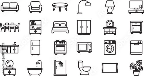 Modern Home Interior Outline Icon Set – Minimal Furniture and Decor Line Vector Pack