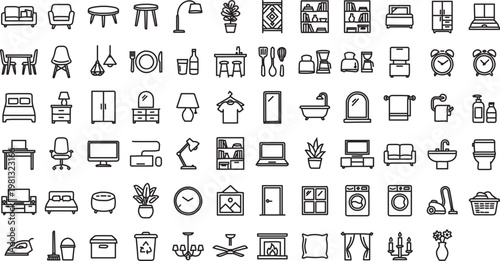 Modern Home Interior Outline Icon Set – Minimal Furniture and Decor Line Vector Pack