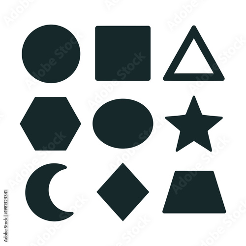 Set of basic blue geometric shapes and silhouettes on a white background