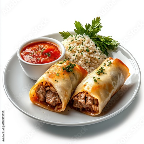 Delicious savory beef and rice sp rolls served with fresh parsley cilantro and a side of vibrant tomato sauce on a white ceramic plate