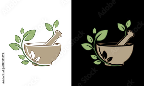 Herbalist prepares medicine in mortar with pestle surrounded by green leaves