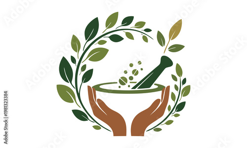 Hands holding mortar with green leaves and pestle surrounded by foliage