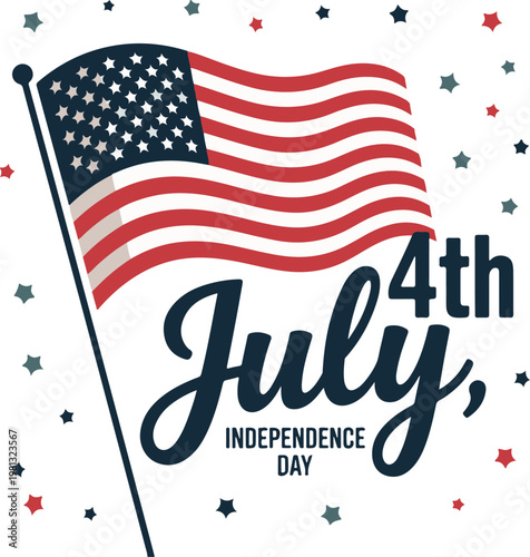United states flag waving with july 4th independence day text and decorative stars background.