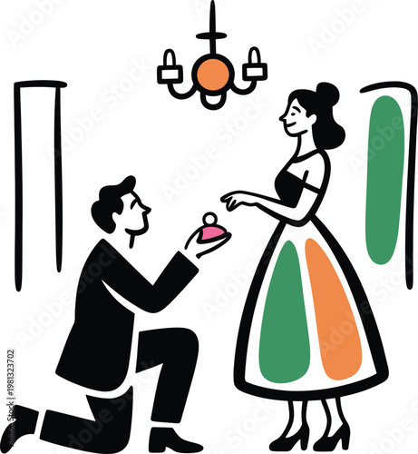 Man proposing to woman with an engagement ring in a romantic setting