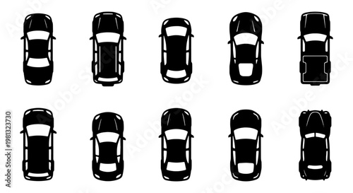 Black car top view silhouette icons, set of 10 vehicle vector symbols, overhead automobile silhouettes for traffic maps and parking layout design
