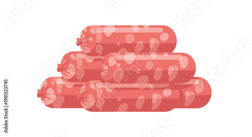 Five thick logs of cured pink salami with visible white fat marbling are stacked in a neat pyramid arrangement against a clean and minimalist white background.