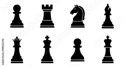 Black chess pieces vector icons set, classic chess piece silhouettes including king queen rook and knight, 8 strategic game elements