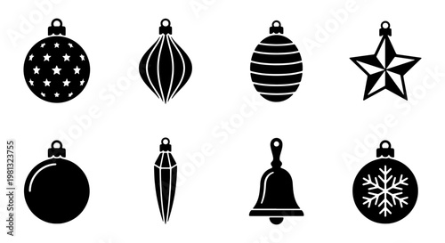 Christmas bauble icon set, black silhouette holiday ornaments with star and snowflake patterns, 8 vector elements for winter celebration decor