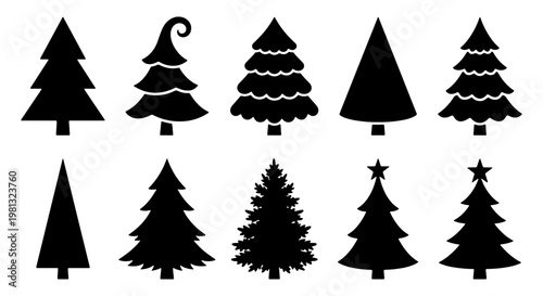 Christmas tree silhouette icons, set of 10 black pine tree vector shapes, minimalist evergreen fir tree symbols for holiday design