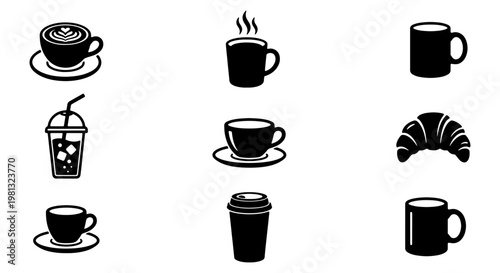 Coffee shop icon set with 9 black vector elements, minimalist cafe beverage symbols, espresso cups and croissant icons for restaurant menus