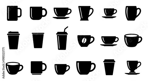 Minimalist coffee cup icons set, black silhouette mug and tea cup vector collection, 18 beverage drink symbols for cafe menu and branding