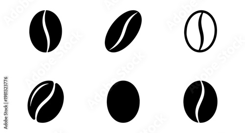 Minimalist coffee bean icons set, black roasted coffee seed vector symbols, simple organic espresso bean silhouettes for cafe branding and packaging