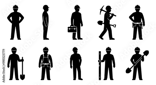 Construction worker silhouette set, 10 builder icons with tools and hard hats, industrial labor and manual worker vector collection