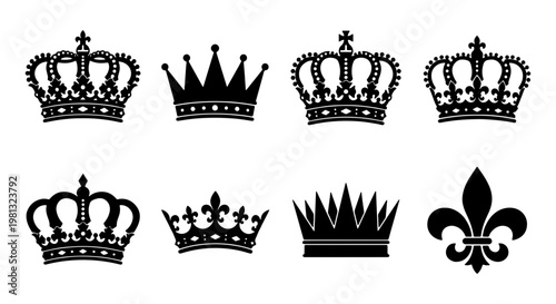 Vintage royal crown silhouettes set, 8 black heraldic icons and fleur de lis symbols, elegant monarch headwear vector collection for luxury branding