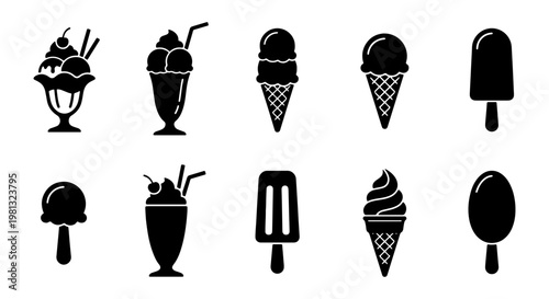 Ice cream icon set with 10 black silhouettes, frozen dessert vector elements, sweet treats in cones and cups, minimalist summer food symbols