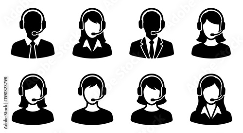 Customer service avatar icons set, 8 black vector silhouettes of call center agents with headsets, professional support staff and help desk operators
