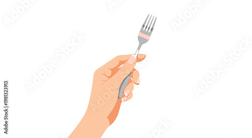 A realistic human hand with elegant fingers delicately grasps a silver dining fork at a slight angle against a bright and pristine white background.