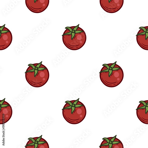 Bright cherry tomato seamless pattern, hand-drawn vector illustration with small red tomatoes, line art contour with fill, fresh organic vegetable isolated, repeat design for wrapping paper design