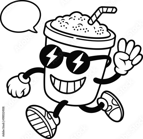 Cartoon milkshake character with sunglasses and sneakers running and waving