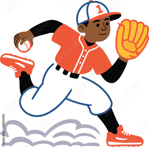 Cartoon illustration of a young baseball player running with a ball and glove