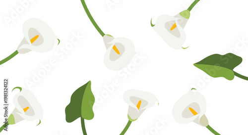 A beautiful pattern of elegant white calla lily flowers featuring bright yellow spadices and lush green leaves is scattered across a white background.