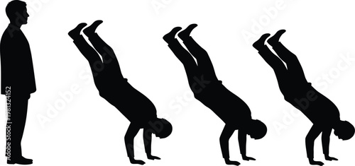 Human silhouette progression standing to handstand sequence in black
