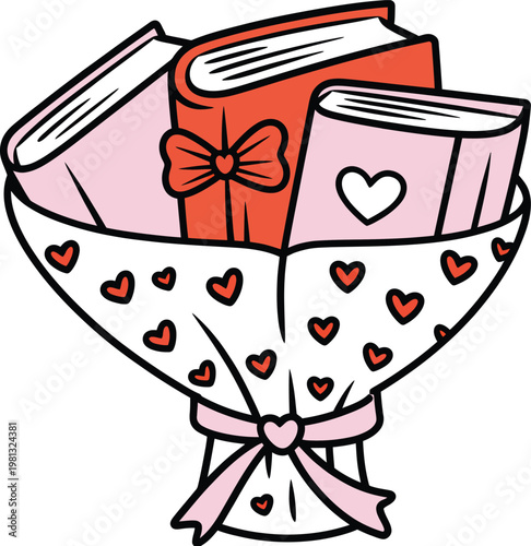A bouquet of books wrapped in heartpatterned paper, a romantic gift for book lovers, valentines day concept illustration