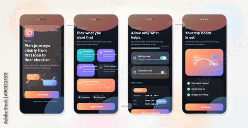 Mobile travel app onboarding screens and setup flow