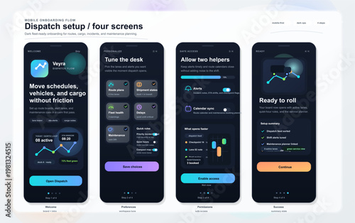 Fleet dispatch mobile app onboarding flow with four setup screens for routes, cargo, alerts, and maintenance