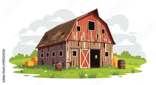 A rustic and weathered wooden barn with a peeling red facade sits amidst a lush green field dotted with golden hay bales and vintage wooden barrels.