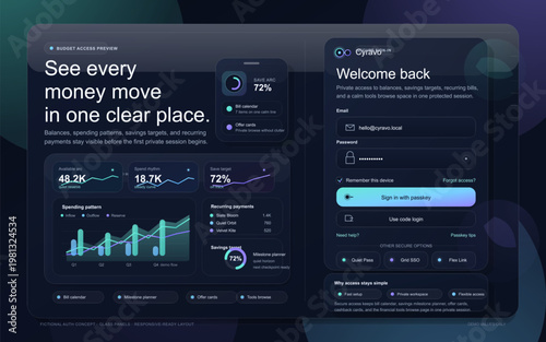 Dark fintech dashboard and secure sign in interface with budget overview, spending patterns, savings target cards, recurring payments, and passkey login in a modern glassmorphism layout