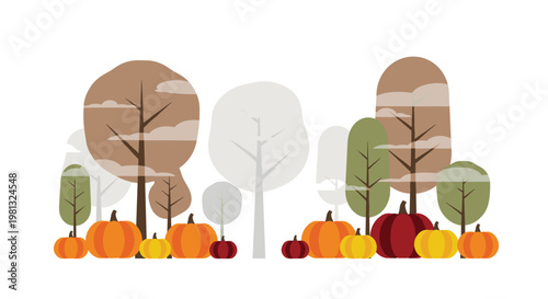 A charming autumnal scene features a variety of vibrant orange and deep red pumpkins arranged neatly before a backdrop of soft pastel-colored forest trees.