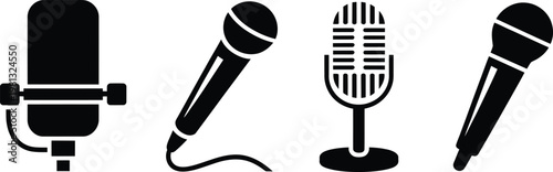 Set of microphone icons, various types of professional audio recording equipment, vector illustration