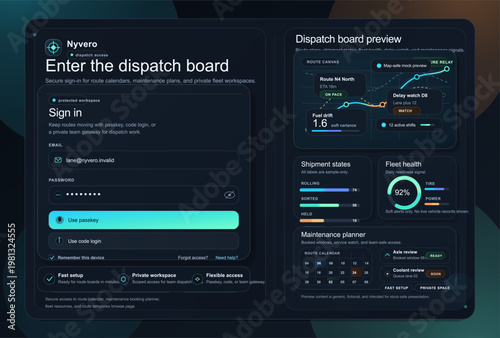 Dark logistics dispatch board interface with secure sign in panel and operations dashboard preview showing route tracking, shipment states, fleet health, maintenance planner, and workflow widgets