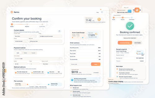 Foto Modern travel booking confirmation interface with payment form, order summary, t