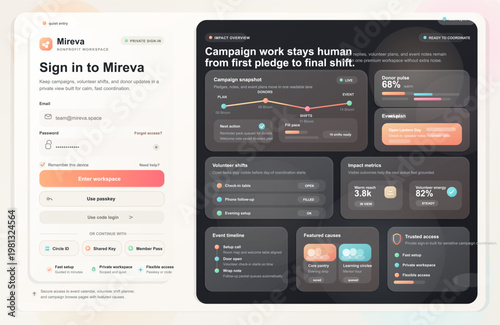 Modern nonprofit workspace sign-in interface with campaign dashboard, donor metrics, volunteer shift planner, event timeline, passkey login, and impact management panels