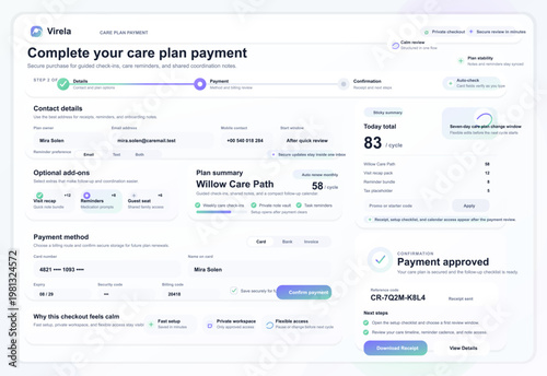 Modern healthcare payment dashboard interface with care plan checkout, billing form, contact details, confirmation panel, subscription summary, and secure medical portal UI