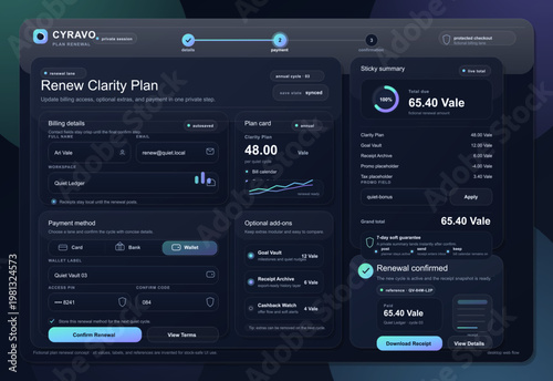 Subscription renewal payment dashboard interface with billing details, checkout summary, confirmation, and futuristic dark web UI