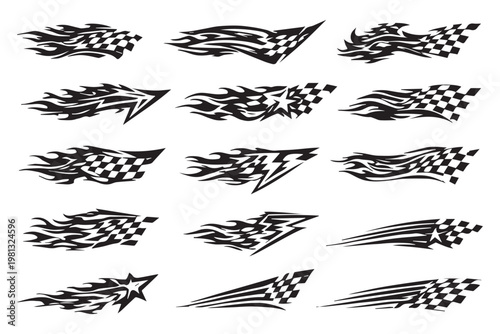 Set of dynamic speed and racing graphics, featuring checkered patterns, abstract motion lines, arrows, and checkered flags suitable for automotive vinyl and stickers. automotive racing arrow stripe. 
