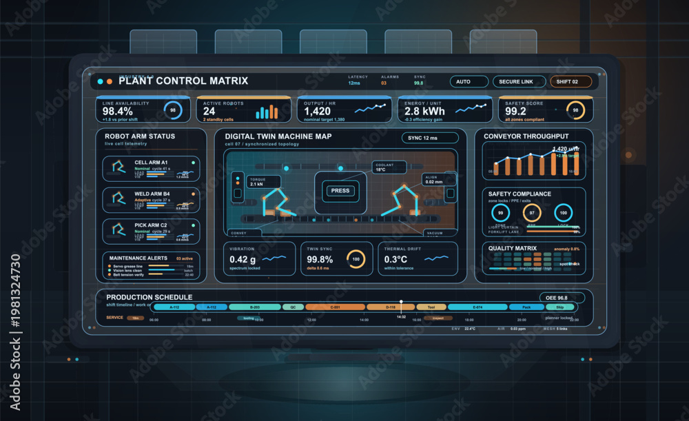 Fototapeta premium Futuristic industrial plant control dashboard interface showing robot arm status, digital twin machine map, conveyor throughput, safety metrics, quality matrix, and production schedule