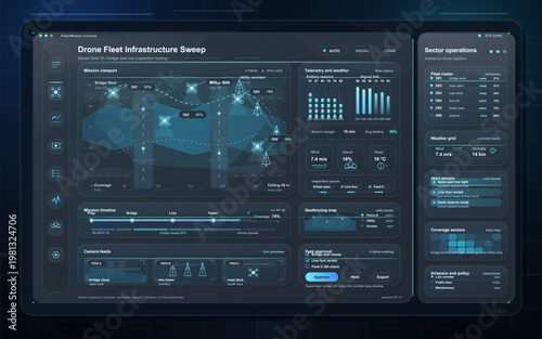 Advanced drone fleet operations dashboard with telemetry panels, inspection route map, weather metrics, geofencing controls, and mission management interface in futuristic blue HUD style