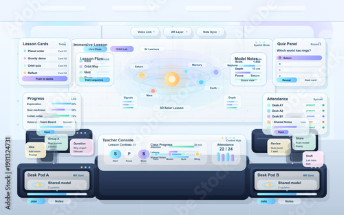 Futuristic immersive classroom dashboard interface with solar system lesson, quiz panel, attendance tracking, teacher console, and collaborative AR learning workspace