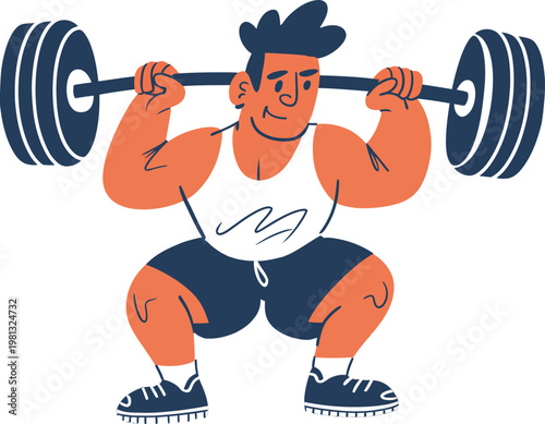 Illustration of a muscular man performing a barbell squat exercise