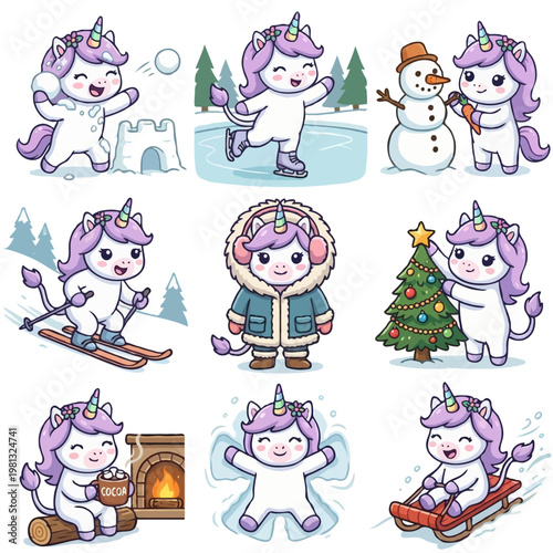 Set of 9 Cute Winter Unicorn Characters - Kawaii Unicorn Snowball Fight, Ice Skating, Building Snowman, Skiing, Christmas Tree, Cocoa, Snow Angel, and Sledding - Vector Illustration