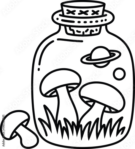 Cute mushroom terrarium with a planet inside a glass jar, line art illustration