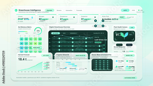 Greenhouse monitoring dashboard interface with crop sensors, irrigation analytics, drone grid, and smart farming UI