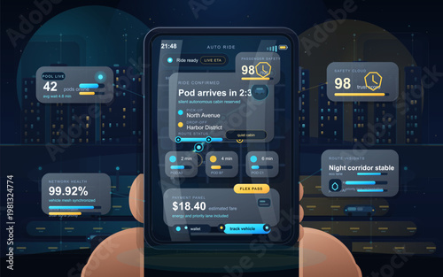 Autonomous ride mobile app interface with live ETA, passenger safety score, and futuristic night city dashboard